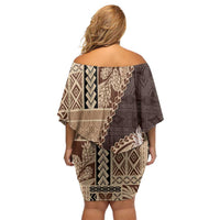 Samoa Siapo Elegant Off Shoulder Short Dress Hibiscus Chocolate Brown Motifs - Polynesian Pride