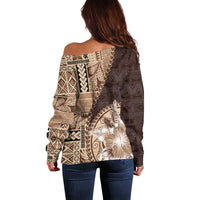 Samoa Siapo Elegant Off Shoulder Sweater Hibiscus Chocolate Brown Motifs - Polynesian Pride