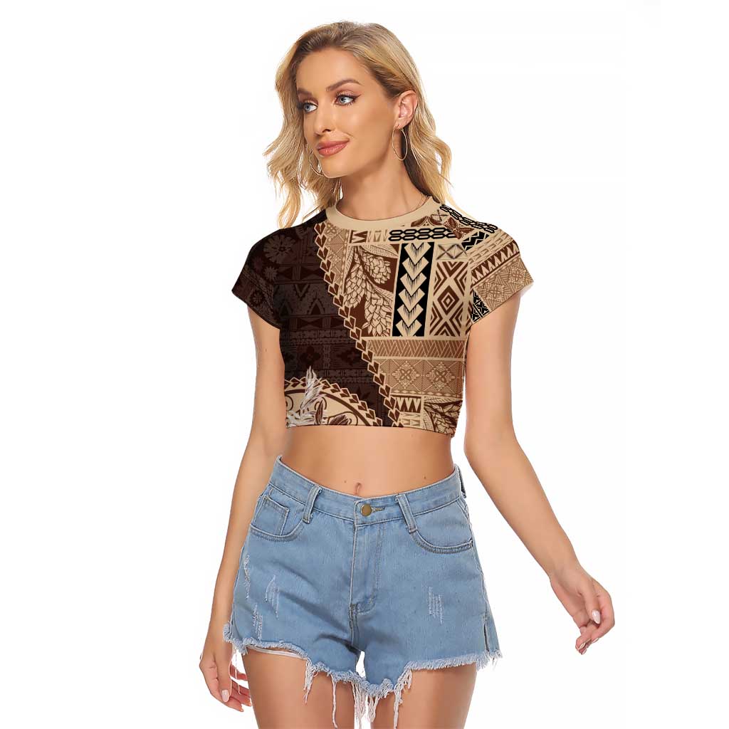 Samoa Siapo Elegant Raglan Cropped T Shirt Hibiscus Chocolate Brown Motifs LT05 Female Brown - Polynesian Pride