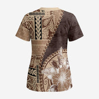 Samoa Siapo Elegant Scrub Top Hibiscus Chocolate Brown Motifs - Polynesian Pride