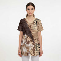 Samoa Siapo Elegant Scrub Top Hibiscus Chocolate Brown Motifs - Polynesian Pride