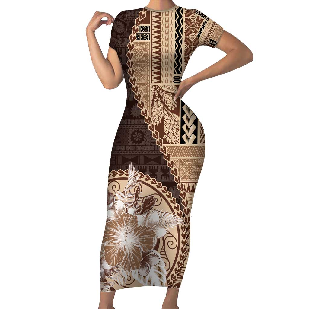 Samoa Siapo Elegant Short Sleeve Bodycon Dress Hibiscus Chocolate Brown Motifs - Polynesian Pride