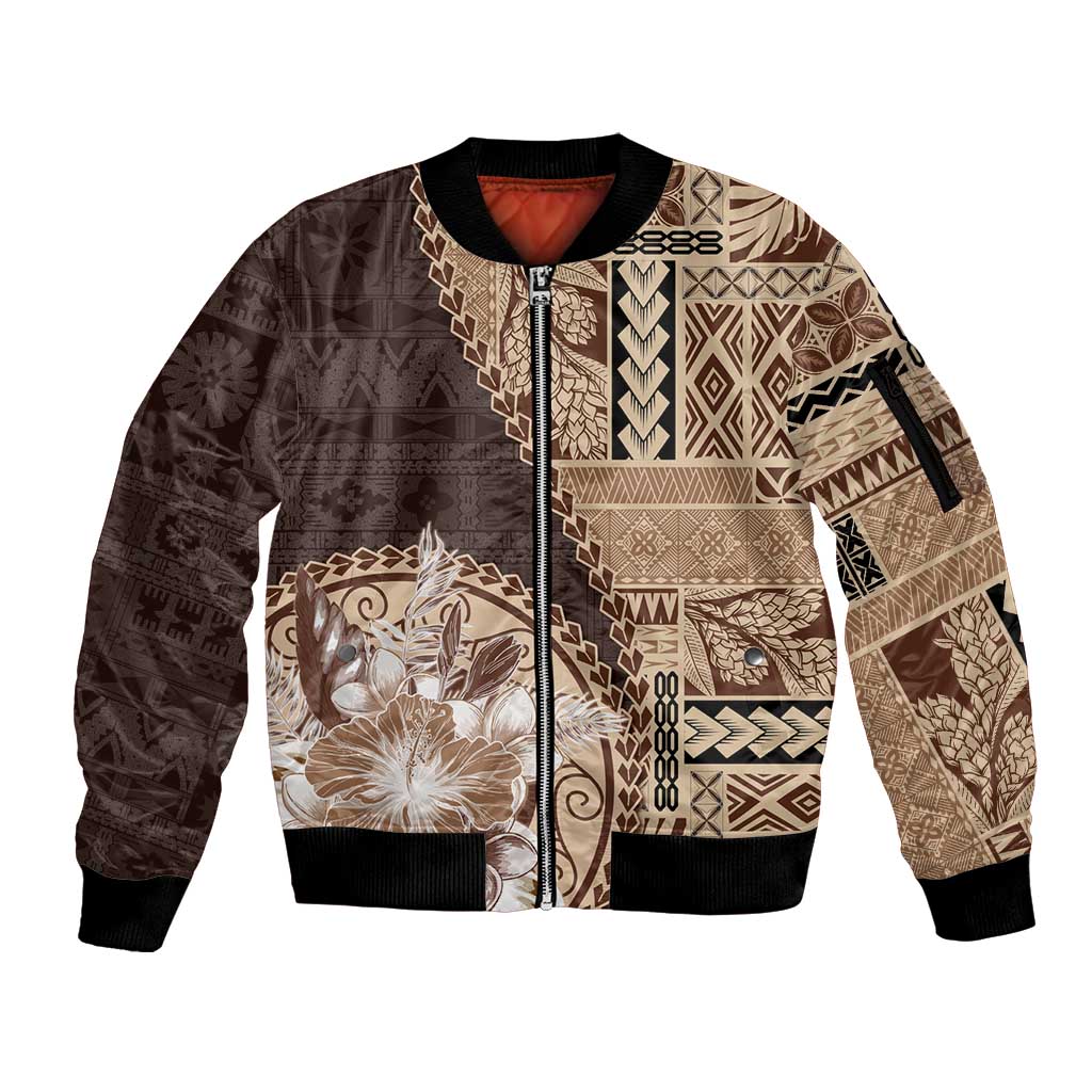 Samoa Siapo Elegant Sleeve Zip Bomber Jacket Hibiscus Chocolate Brown Motifs LT05 Unisex Brown - Polynesian Pride