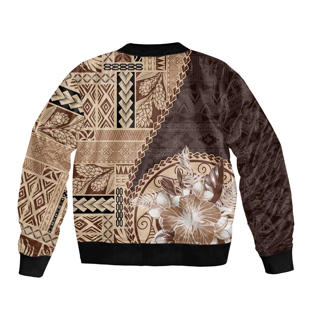 Samoa Siapo Elegant Sleeve Zip Bomber Jacket Hibiscus Chocolate Brown Motifs LT05 - Polynesian Pride
