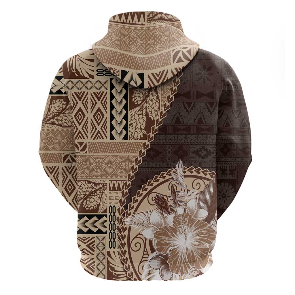 Samoa Siapo Elegant Zip Hoodie Hibiscus Chocolate Brown Motifs - Polynesian Pride