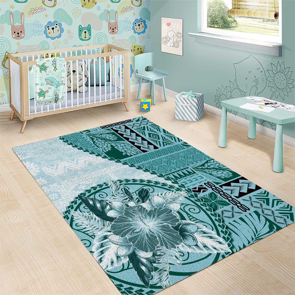 Samoa Siapo Elegant Area Rug Hibiscus Teal Motifs - Polynesian Pride