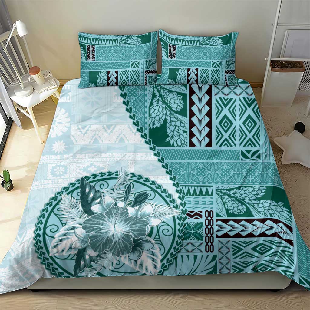 Samoa Siapo Elegant Bedding Set Hibiscus Teal Motifs - Polynesian Pride
