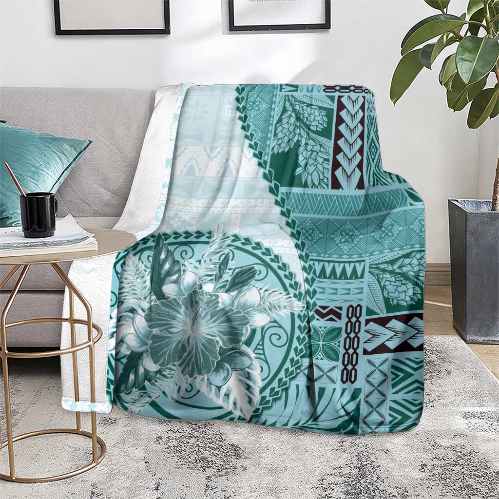 Samoa Siapo Elegant Blanket Hibiscus Teal Motifs - Polynesian Pride