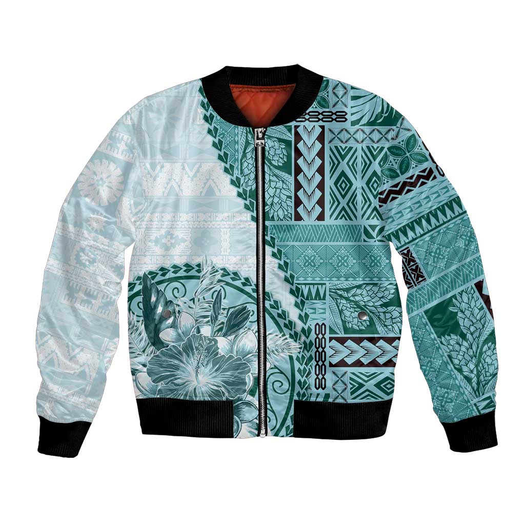 Samoa Siapo Elegant Bomber Jacket Hibiscus Teal Motifs LT05 Unisex Teal - Polynesian Pride
