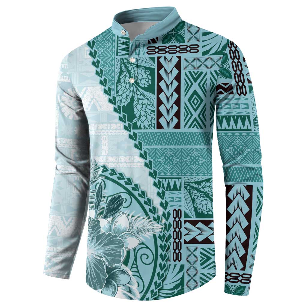Samoa Siapo Elegant Button Sweatshirt Hibiscus Teal Motifs - Polynesian Pride