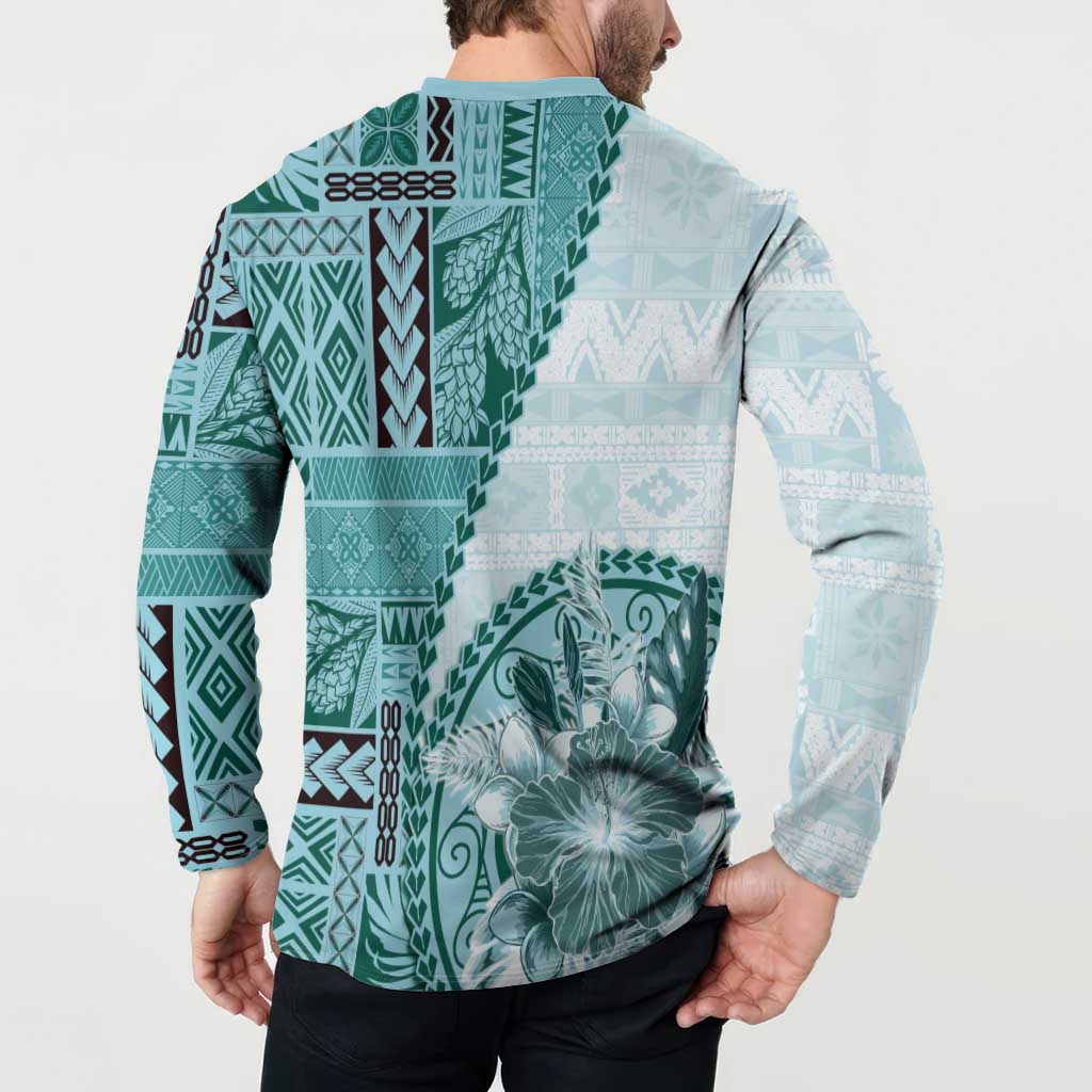 Samoa Siapo Elegant Button Sweatshirt Hibiscus Teal Motifs - Polynesian Pride