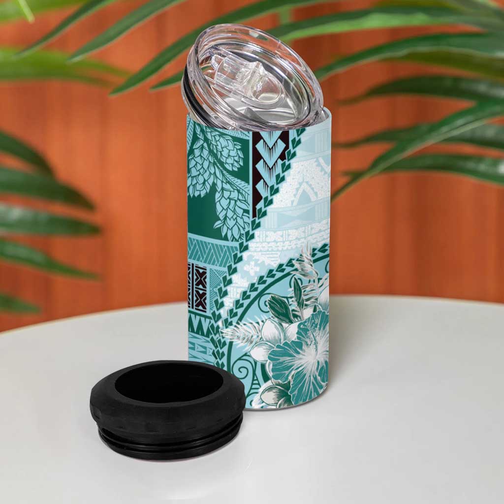 Samoa Siapo Elegant 4 in 1 Can Cooler Tumbler Hibiscus Teal Motifs - Polynesian Pride