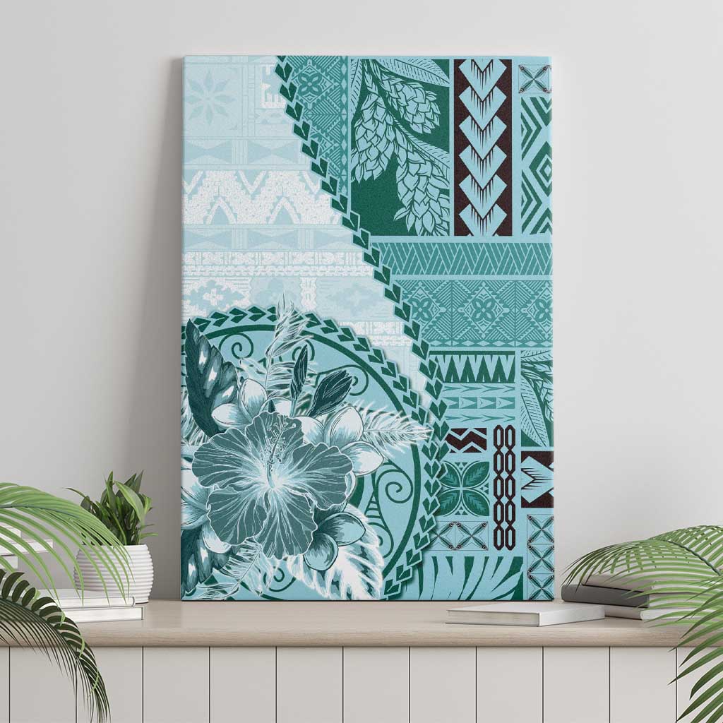 Samoa Siapo Elegant Canvas Wall Art Hibiscus Teal Motifs - Polynesian Pride