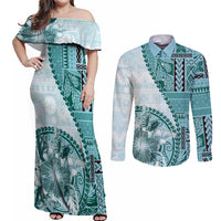 Samoa Siapo Elegant Couples Matching Off Shoulder Maxi Dress and Long Sleeve Button Shirt Hibiscus Teal Motifs - Polynesian Pride