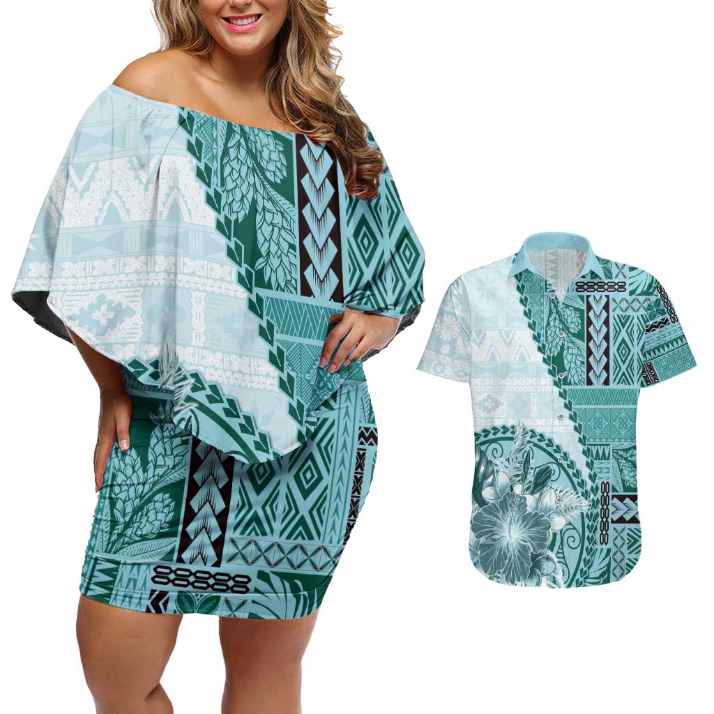 Samoa Siapo Elegant Couples Matching Off Shoulder Short Dress and Hawaiian Shirt Hibiscus Teal Motifs - Polynesian Pride