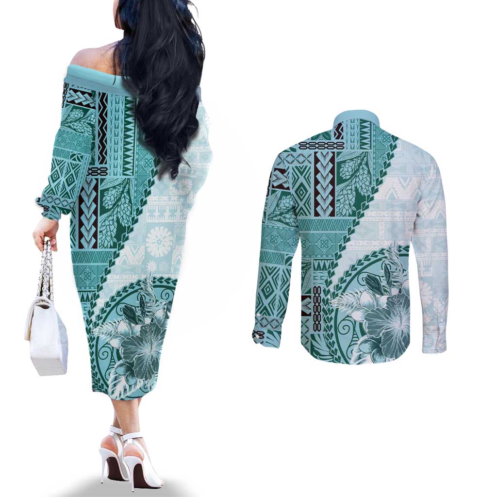 Samoa Siapo Elegant Couples Matching Off The Shoulder Long Sleeve Dress and Long Sleeve Button Shirt Hibiscus Teal Motifs - Polynesian Pride