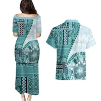 Samoa Siapo Elegant Couples Matching Puletasi and Hawaiian Shirt Hibiscus Teal Motifs LT05 - Polynesian Pride