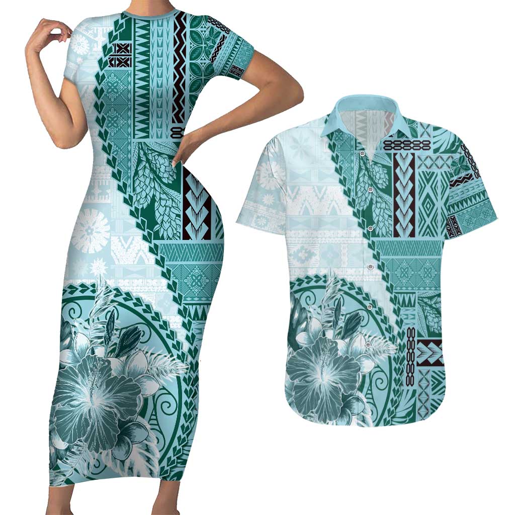 Samoa Siapo Elegant Couples Matching Short Sleeve Bodycon Dress and Hawaiian Shirt Hibiscus Teal Motifs - Polynesian Pride