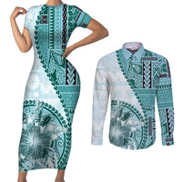 Samoa Siapo Elegant Couples Matching Short Sleeve Bodycon Dress and Long Sleeve Button Shirt Hibiscus Teal Motifs - Polynesian Pride