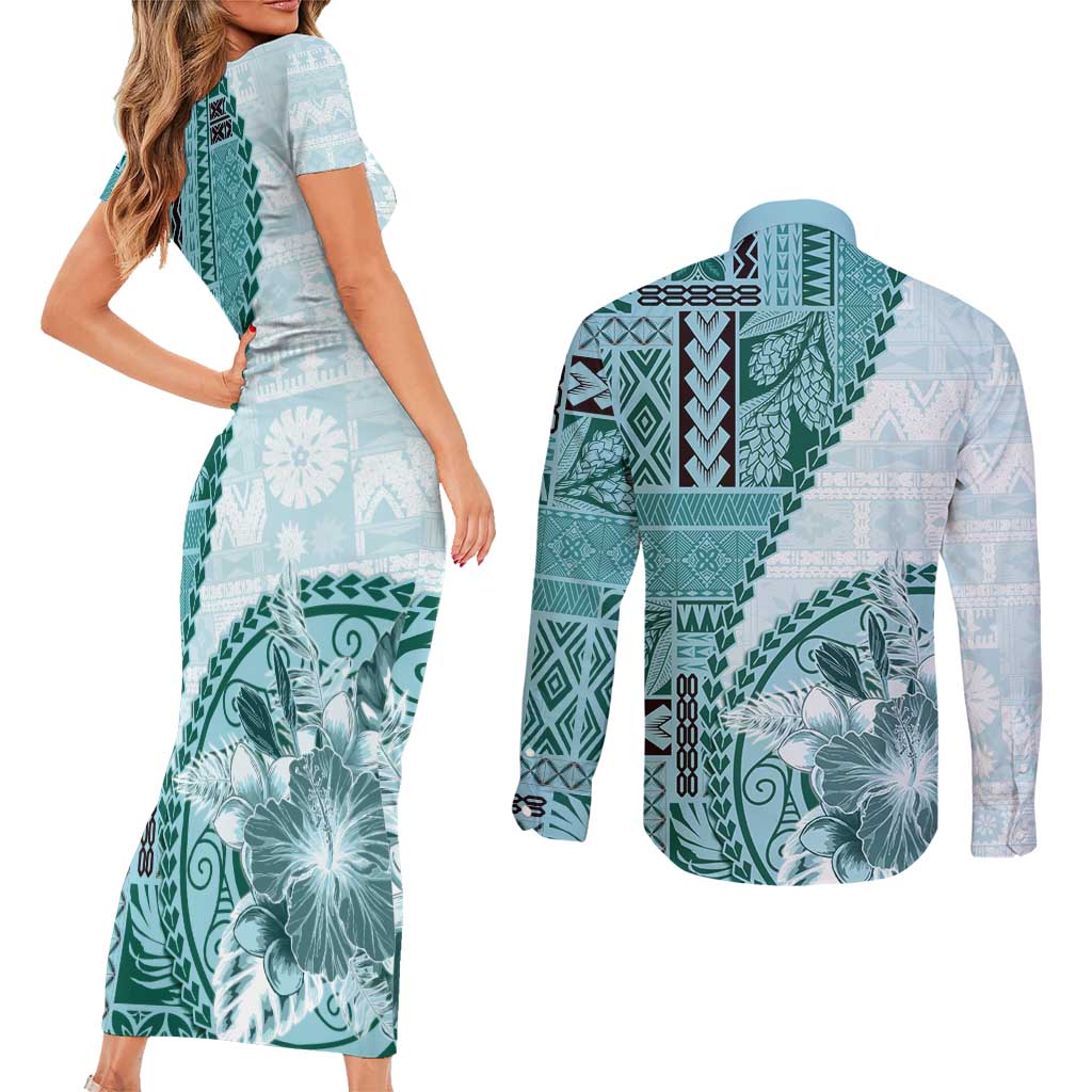 Samoa Siapo Elegant Couples Matching Short Sleeve Bodycon Dress and Long Sleeve Button Shirt Hibiscus Teal Motifs - Polynesian Pride