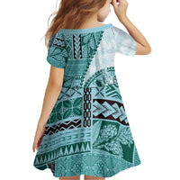 Samoa Siapo Elegant Family Matching Long Sleeve Bodycon Dress and Hawaiian Shirt Hibiscus Teal Motifs - Polynesian Pride