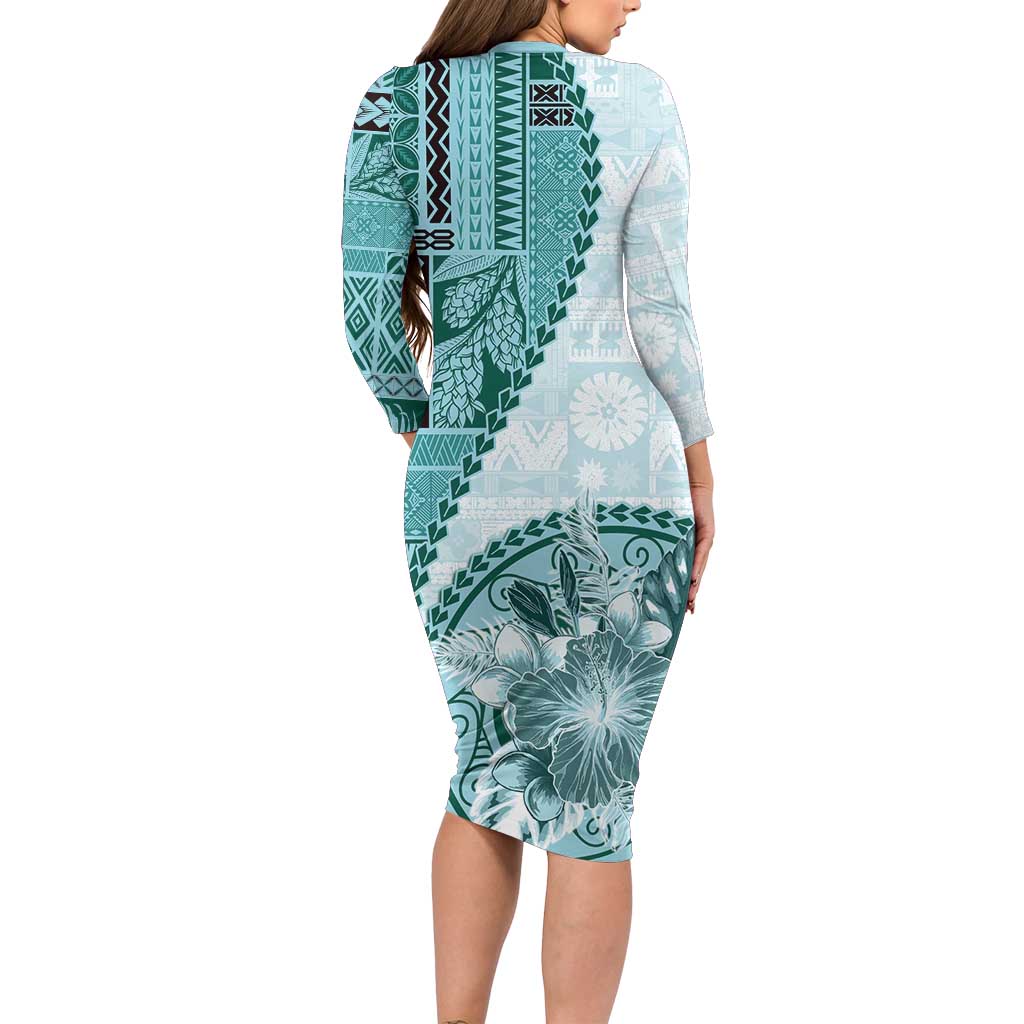 Samoa Siapo Elegant Family Matching Long Sleeve Bodycon Dress and Hawaiian Shirt Hibiscus Teal Motifs - Polynesian Pride