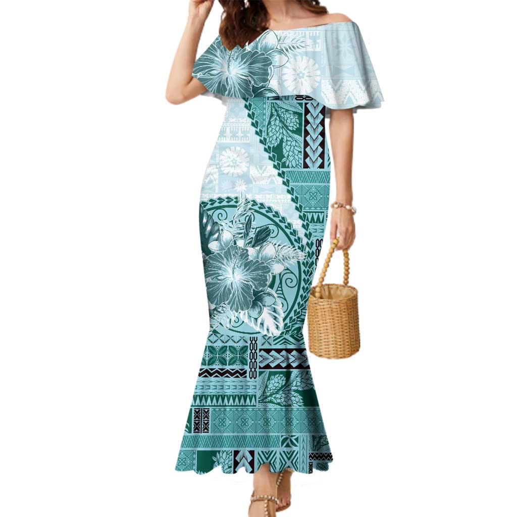 Samoa Siapo Elegant Family Matching Mermaid Dress and Hawaiian Shirt Hibiscus Teal Motifs - Polynesian Pride