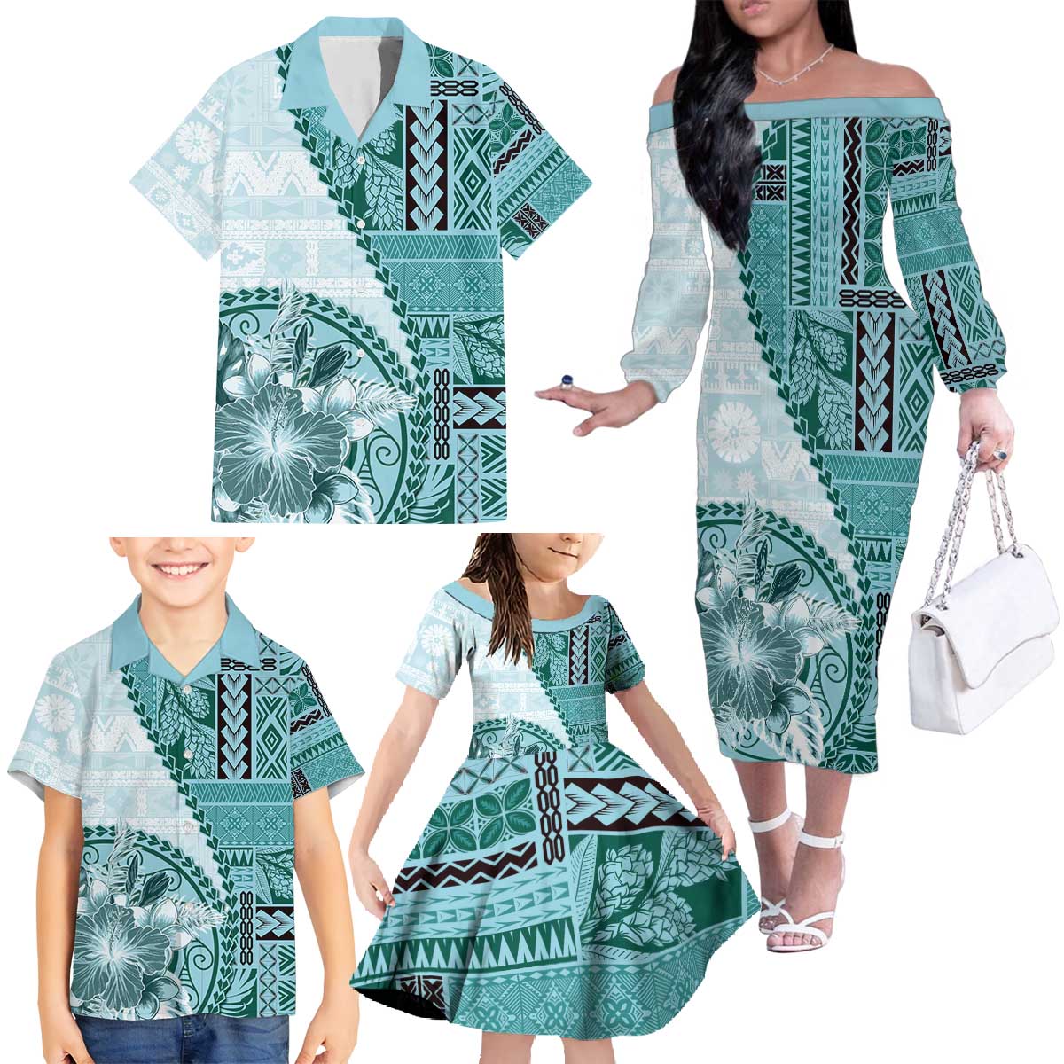 Samoa Siapo Elegant Family Matching Off The Shoulder Long Sleeve Dress and Hawaiian Shirt Hibiscus Teal Motifs - Polynesian Pride