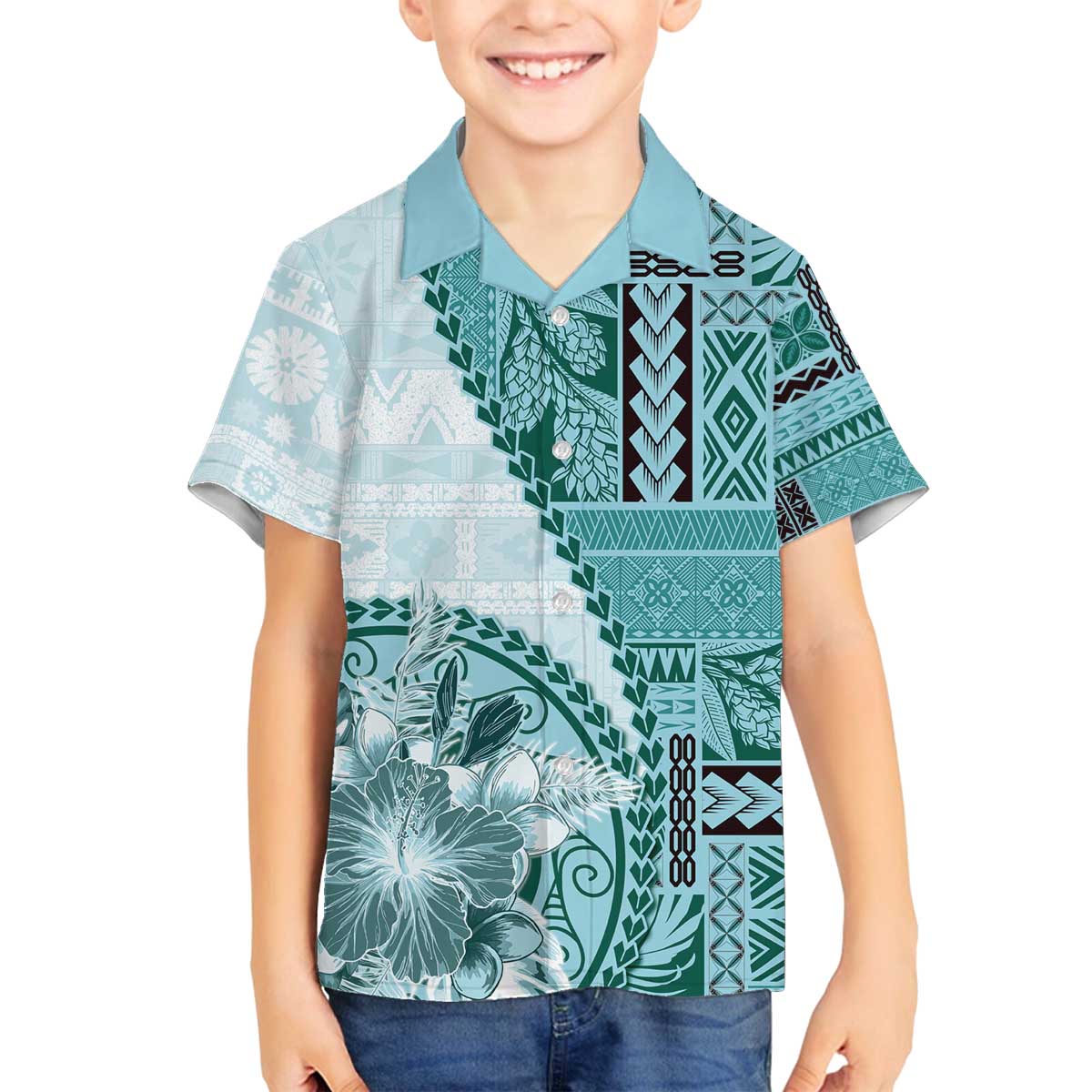 Samoa Siapo Elegant Family Matching Off The Shoulder Long Sleeve Dress and Hawaiian Shirt Hibiscus Teal Motifs - Polynesian Pride