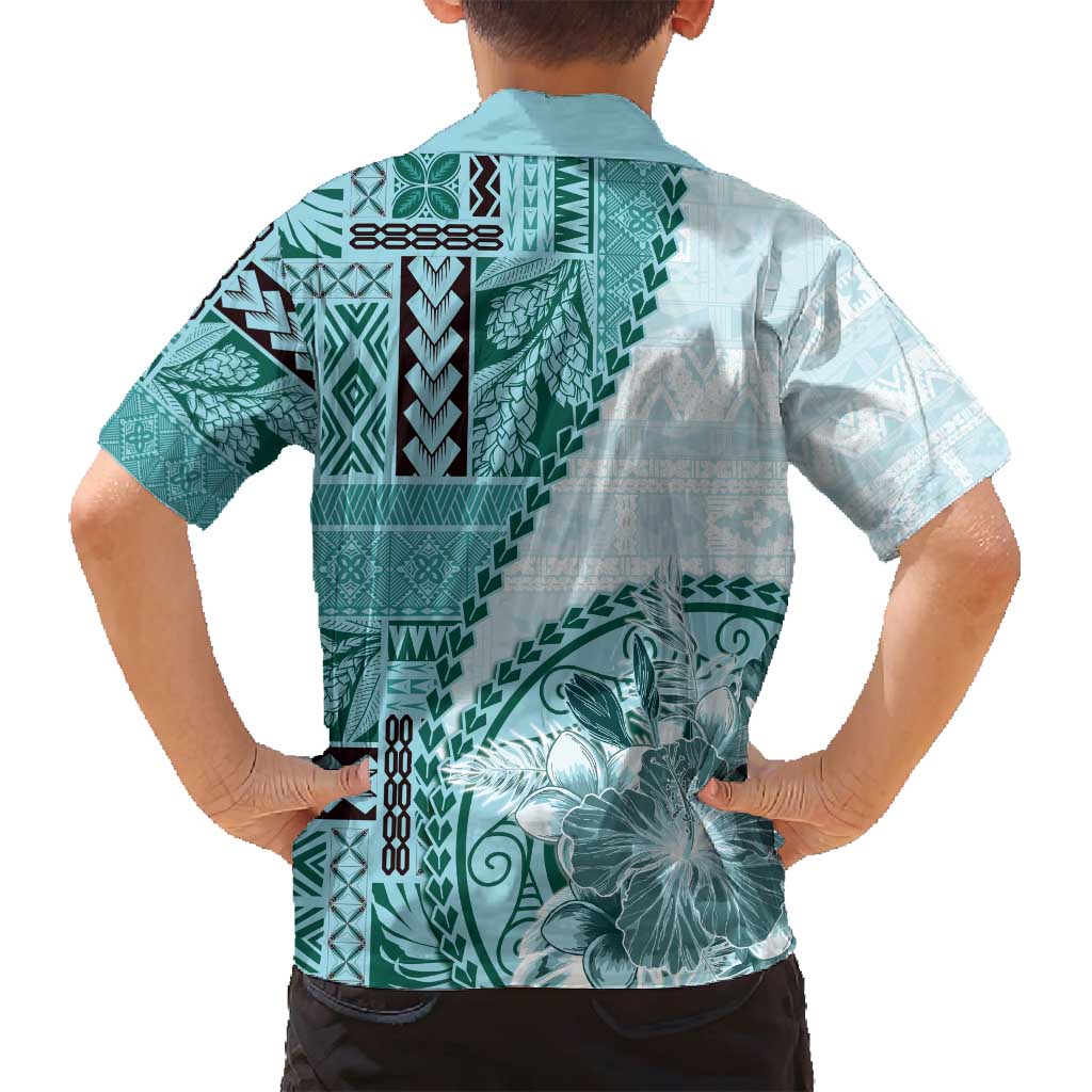 Samoa Siapo Elegant Family Matching Off Shoulder Short Dress and Hawaiian Shirt Hibiscus Teal Motifs - Polynesian Pride