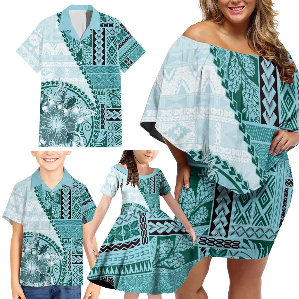 Samoa Siapo Elegant Family Matching Off Shoulder Short Dress and Hawaiian Shirt Hibiscus Teal Motifs - Polynesian Pride