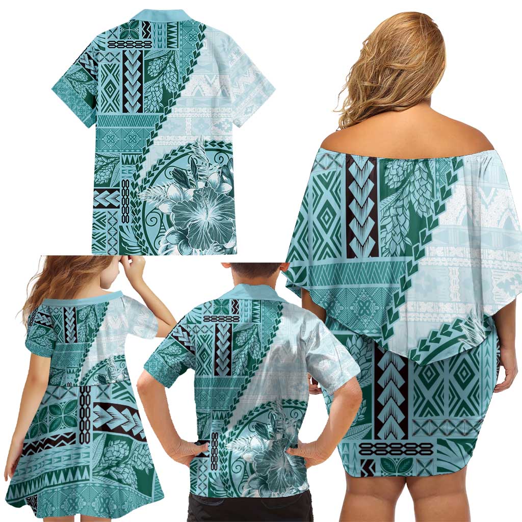 Samoa Siapo Elegant Family Matching Off Shoulder Short Dress and Hawaiian Shirt Hibiscus Teal Motifs - Polynesian Pride