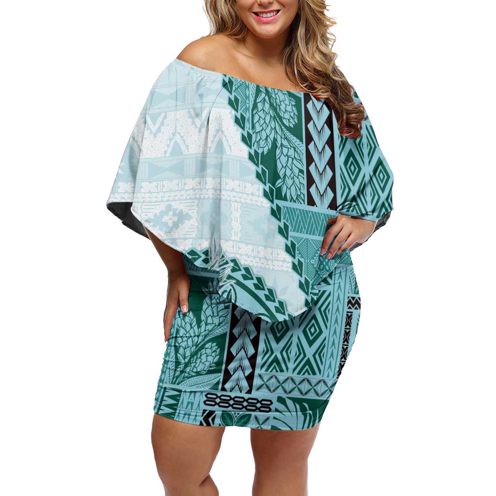 Samoa Siapo Elegant Family Matching Off Shoulder Short Dress and Hawaiian Shirt Hibiscus Teal Motifs - Polynesian Pride