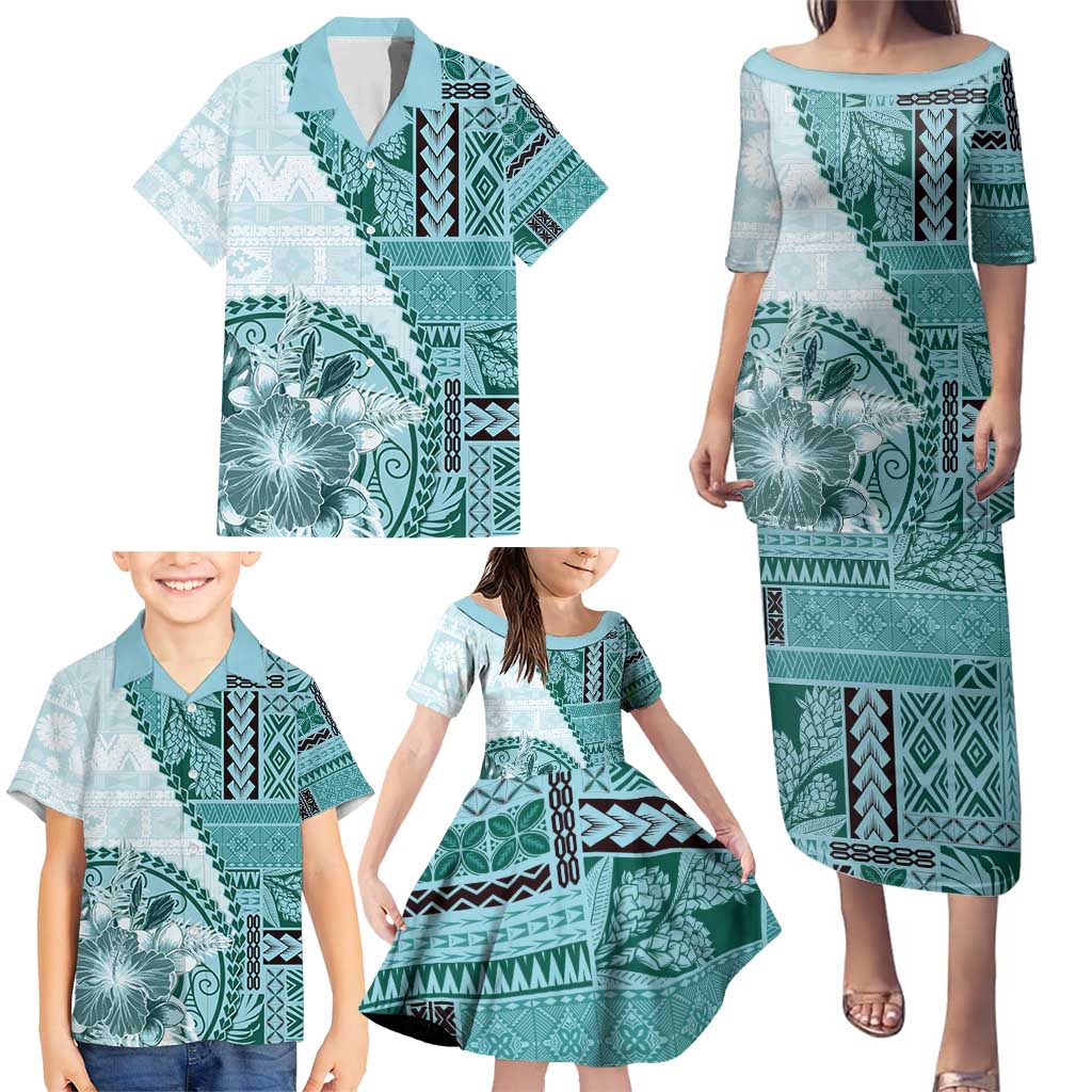 Samoa Siapo Elegant Family Matching Puletasi and Hawaiian Shirt Hibiscus Teal Motifs - Polynesian Pride
