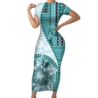 Samoa Siapo Elegant Family Matching Short Sleeve Bodycon Dress and Hawaiian Shirt Hibiscus Teal Motifs - Polynesian Pride