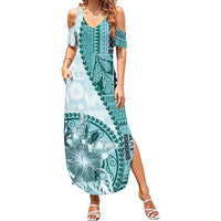 Samoa Siapo Elegant Family Matching Summer Maxi Dress and Hawaiian Shirt Hibiscus Teal Motifs - Polynesian Pride