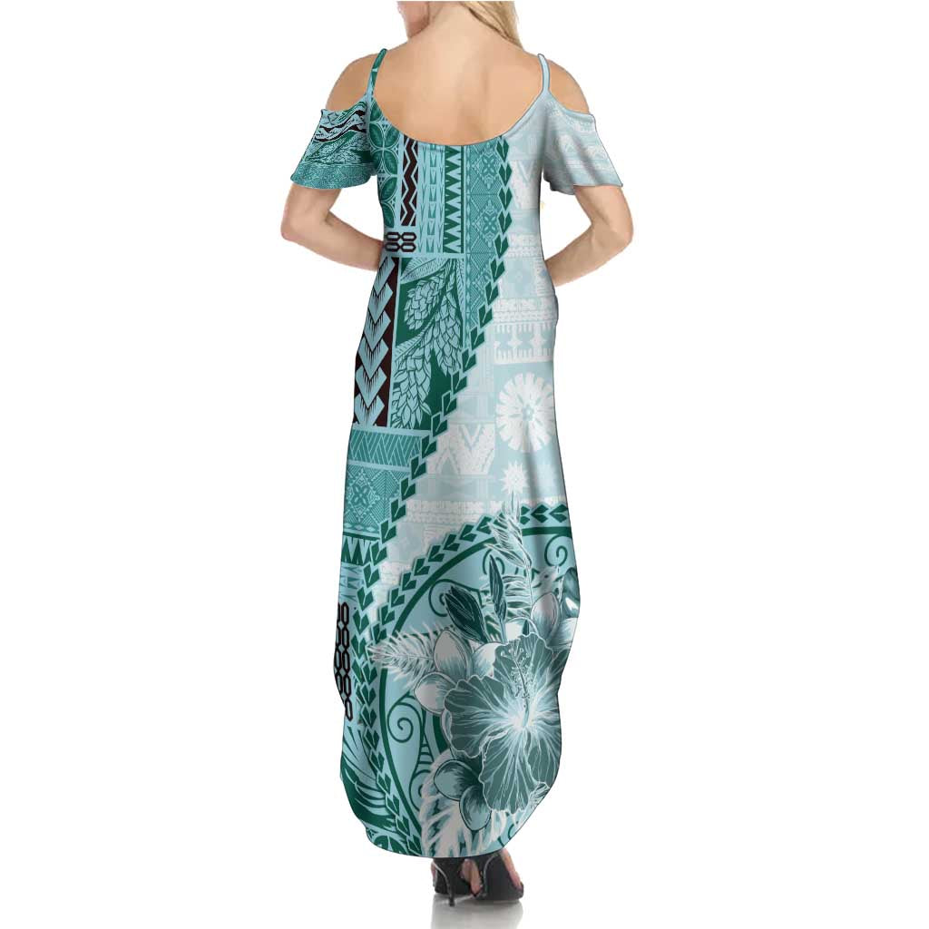 Samoa Siapo Elegant Family Matching Summer Maxi Dress and Hawaiian Shirt Hibiscus Teal Motifs - Polynesian Pride
