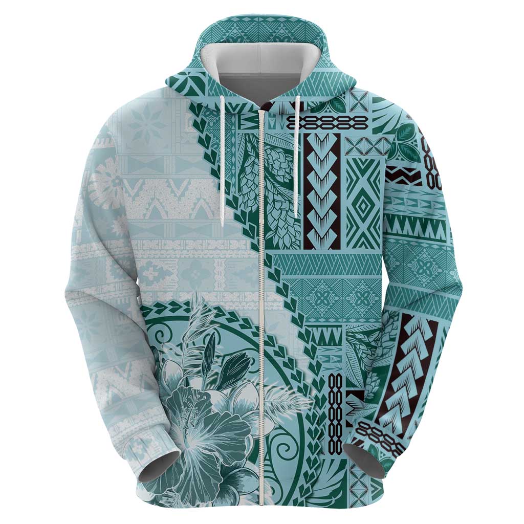 Samoa Siapo Elegant Hoodie Hibiscus Teal Motifs - Polynesian Pride