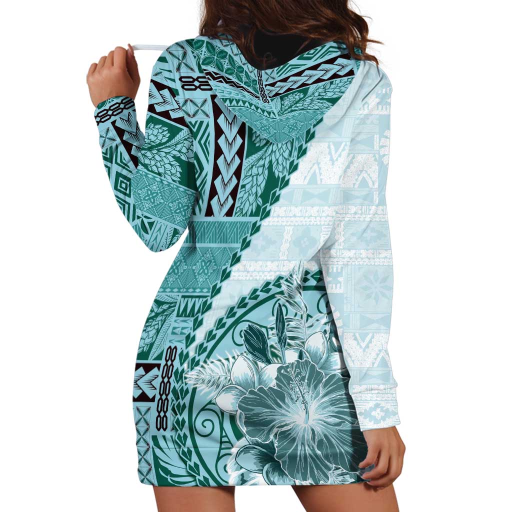 Samoa Siapo Elegant Hoodie Dress Hibiscus Teal Motifs LT05 - Polynesian Pride