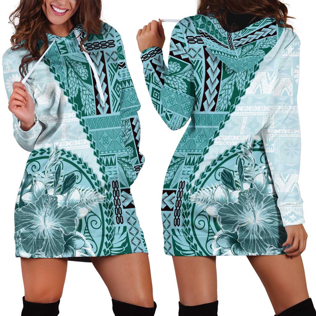 Samoa Siapo Elegant Hoodie Dress Hibiscus Teal Motifs LT05 - Polynesian Pride