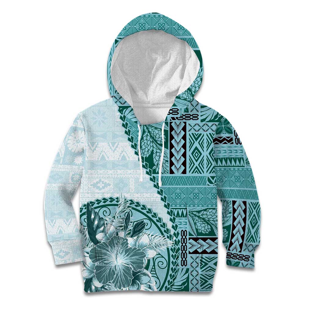Samoa Siapo Elegant Kid Hoodie Hibiscus Teal Motifs - Polynesian Pride