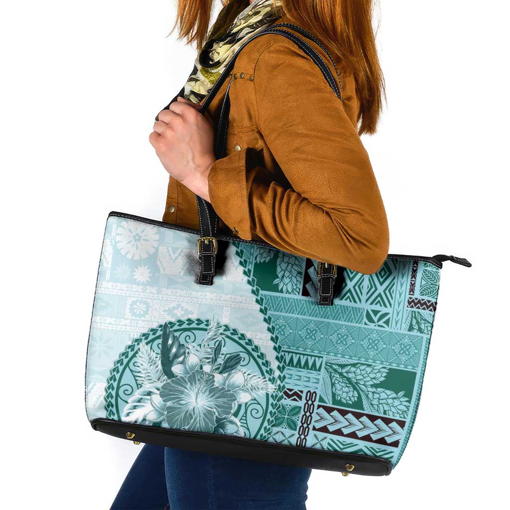 Samoa Siapo Elegant Leather Tote Bag Hibiscus Teal Motifs LT05 Teal - Polynesian Pride