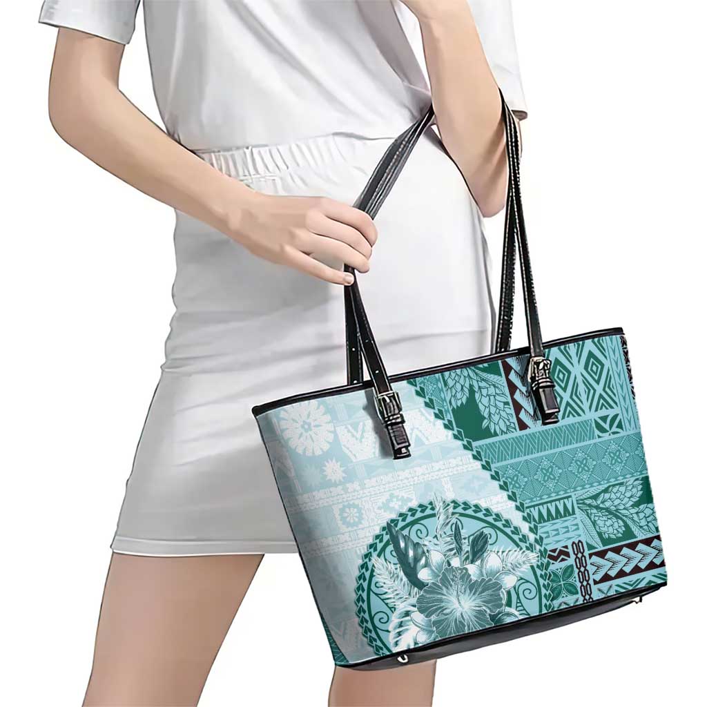 Samoa Siapo Elegant Leather Tote Bag Hibiscus Teal Motifs - Polynesian Pride