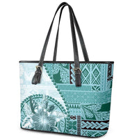 Samoa Siapo Elegant Leather Tote Bag Hibiscus Teal Motifs - Polynesian Pride