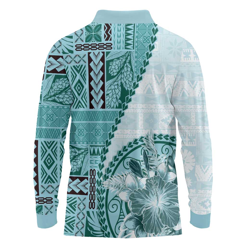 Samoa Siapo Elegant Long Sleeve Polo Shirt Hibiscus Teal Motifs LT05 - Polynesian Pride