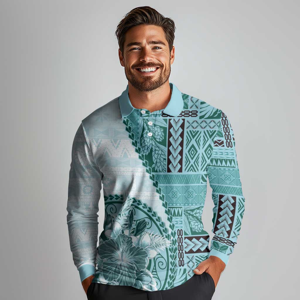 Samoa Siapo Elegant Long Sleeve Polo Shirt Hibiscus Teal Motifs LT05 - Polynesian Pride