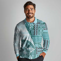 Samoa Siapo Elegant Long Sleeve Polo Shirt Hibiscus Teal Motifs LT05 - Polynesian Pride