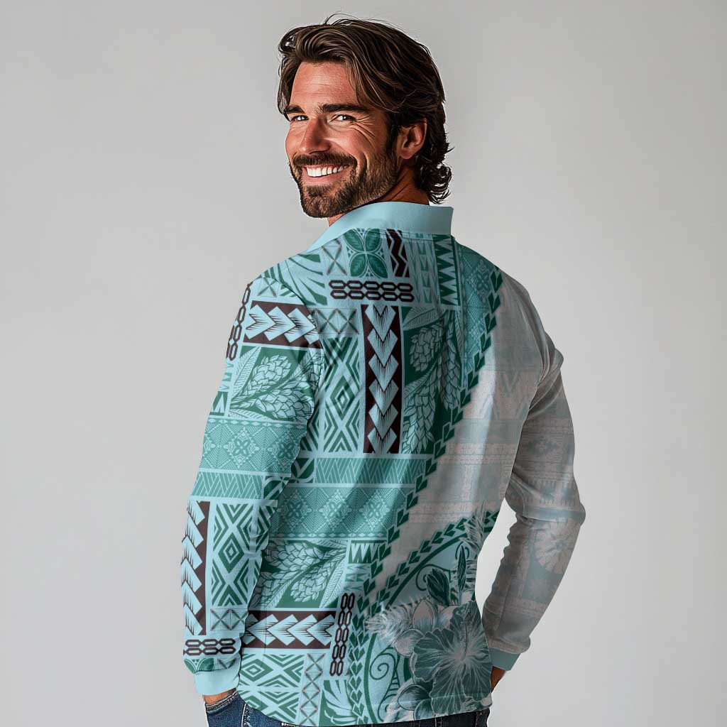 Samoa Siapo Elegant Long Sleeve Polo Shirt Hibiscus Teal Motifs LT05 - Polynesian Pride