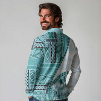Samoa Siapo Elegant Long Sleeve Polo Shirt Hibiscus Teal Motifs LT05 - Polynesian Pride