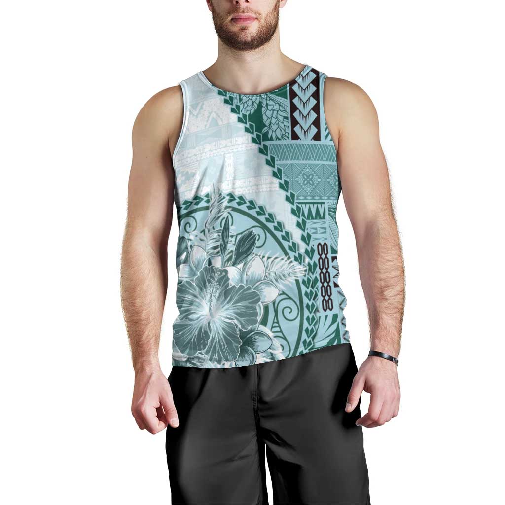 Samoa Siapo Elegant Men Tank Top Hibiscus Teal Motifs - Polynesian Pride